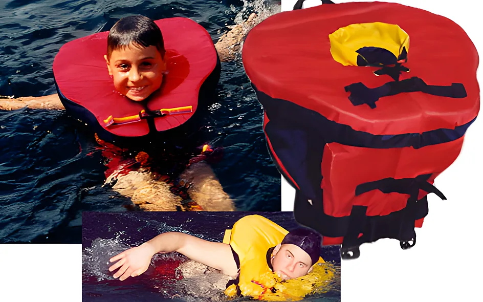 Nereo Activa adapted life jacket: child swimming with the head out of the water, with product views
