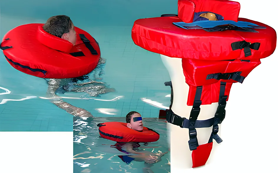 Nereo Verta vertical life jacket: user upright in the pool, with product views