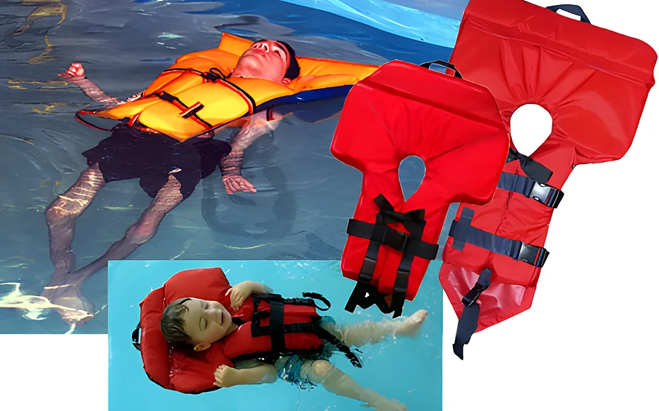 Nereo Dorsa adapted life jacket: adult floating on their back in a pool, with product views